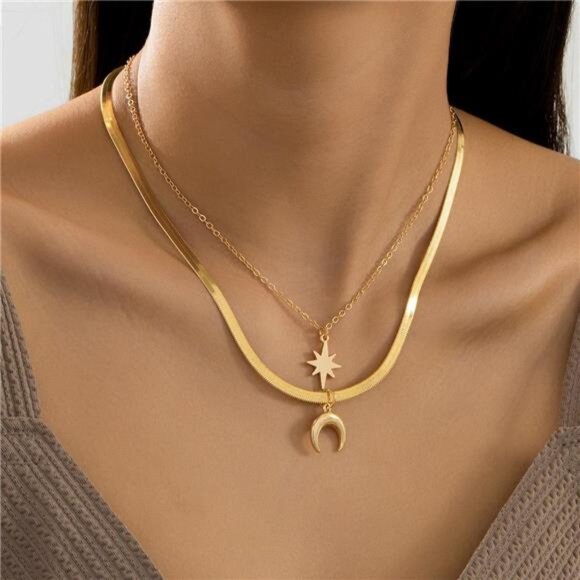 2 Piece 18K Gold-Plated Moon & Star Necklace - Picture 1 of 5